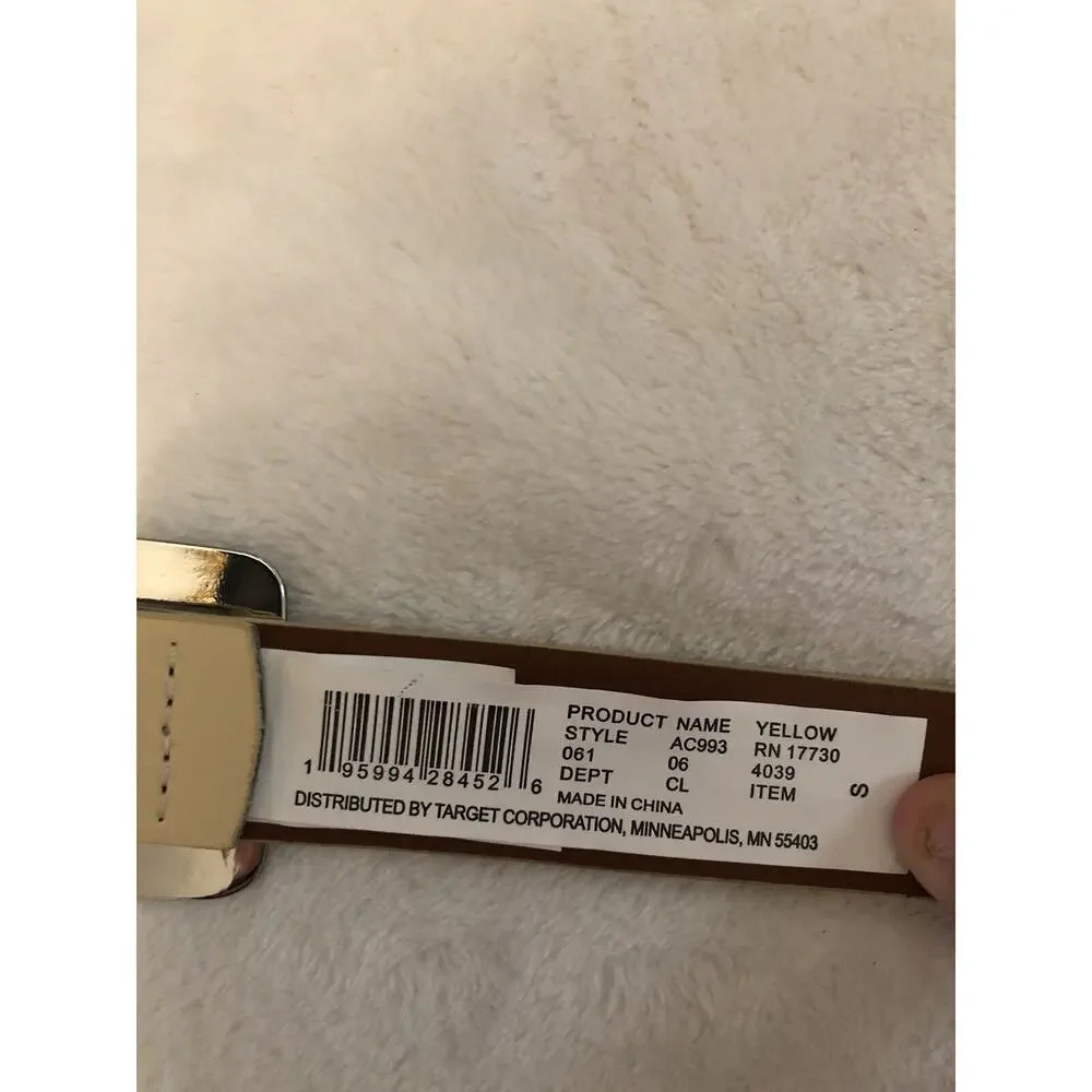 A New Day Womens Belt Small Pale Yellow Leather‎ Chunky Center Bar Buckle NEW